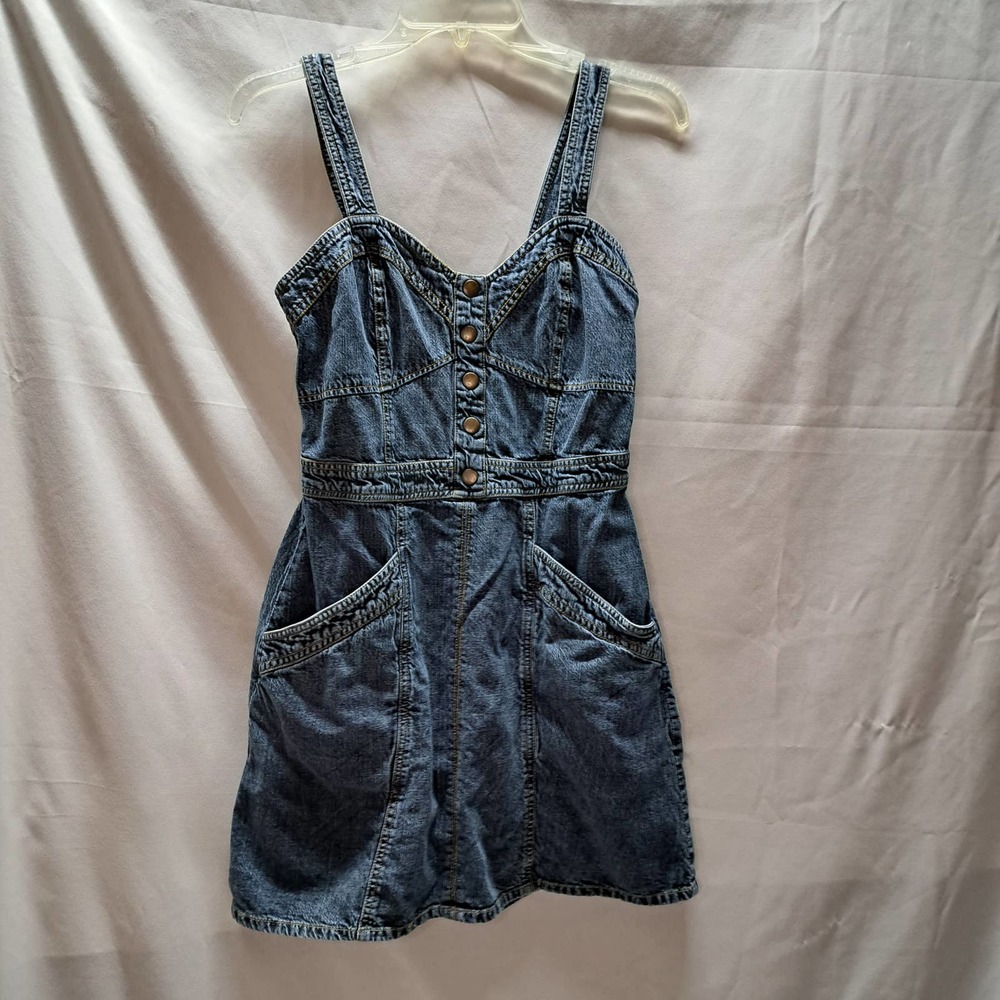 Vtg Y2K Japra Overall Mini Denim Jean Smocked Strap Dress Lg